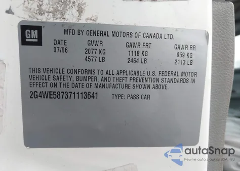 2007 Buick Lacrosse Cxs z USA, uszkodzony, nr VIN 2G4WE587371113641